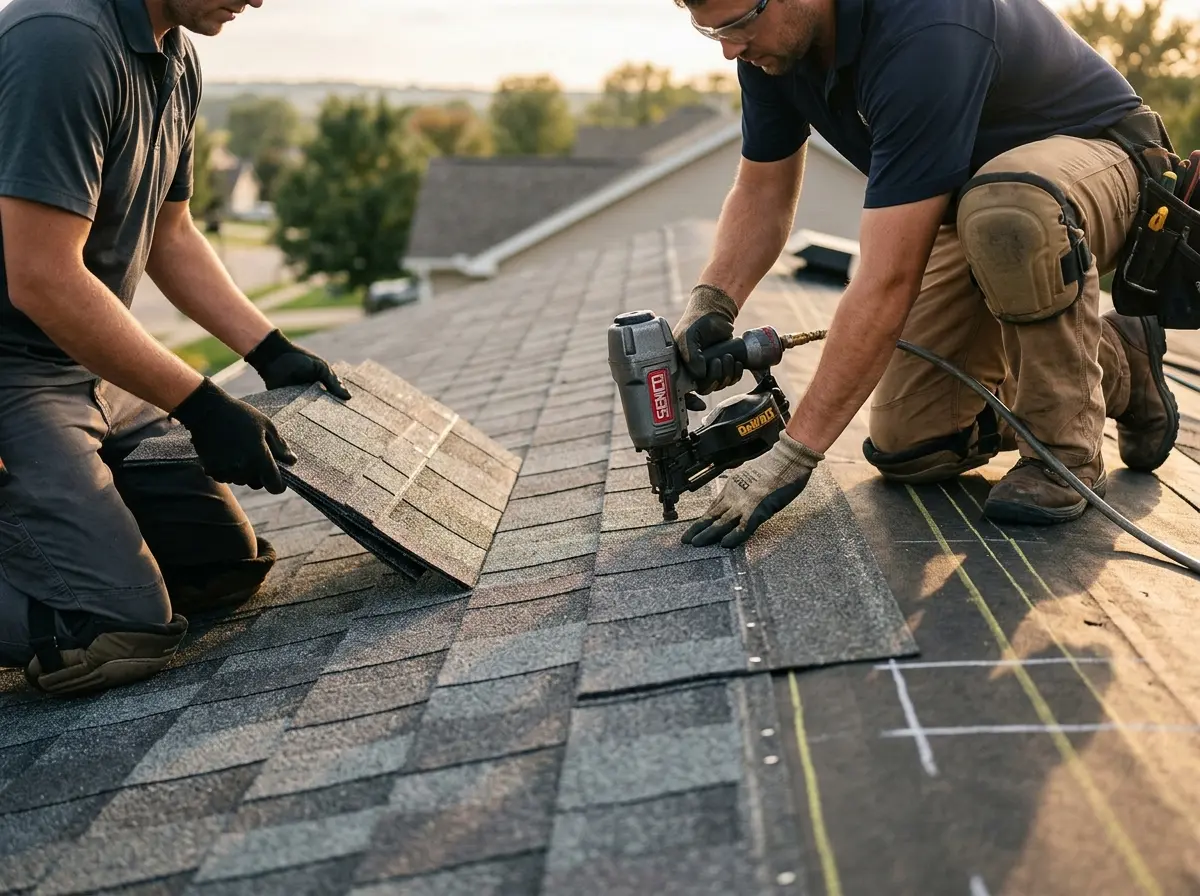 Professional roofer working on a residential roof in Saratoga Springs